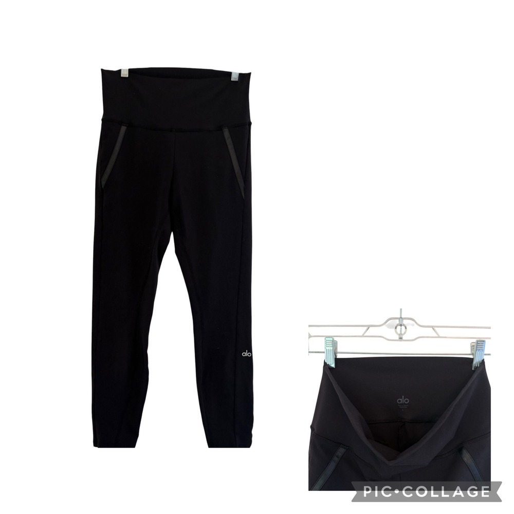 Alo Yoga Womens Black High Waist Ankle Zip Faux Leather Trim Leggings Large 3158